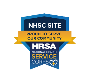 NHSC Site Proud to Serve Our Community HRSA National Health Service Corps Logo Badge